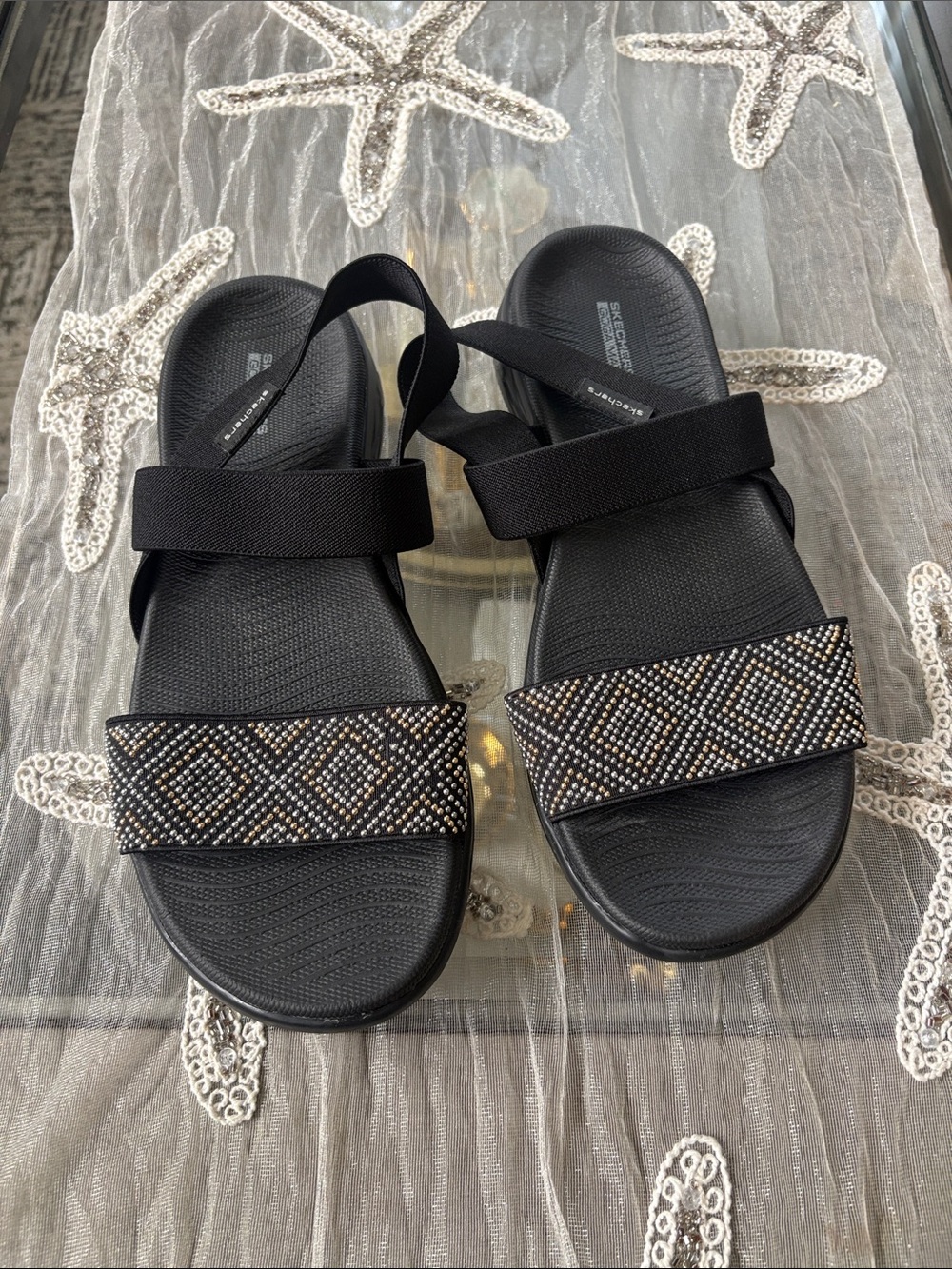Skechers Women's Black Strappy Beaded Sandals